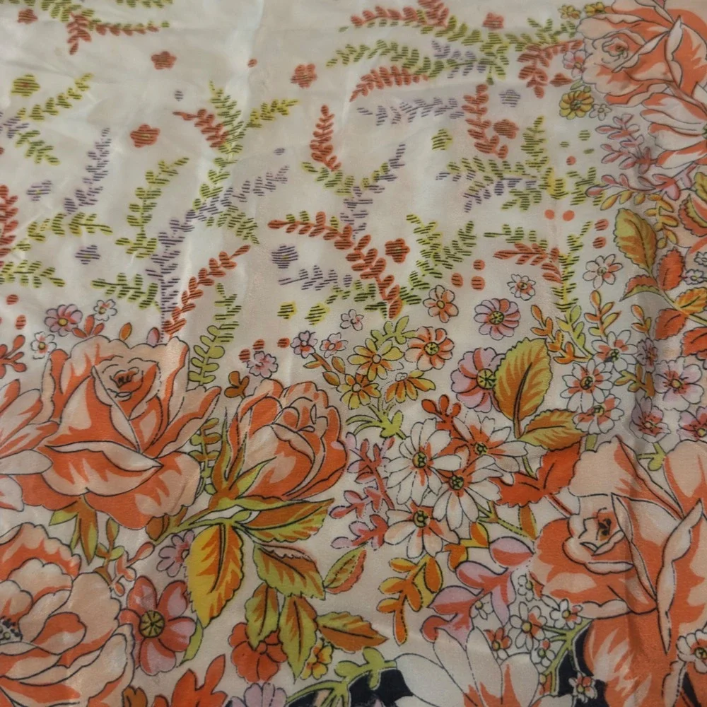 Vintage Floral Scarf Orange Black Garden Print Retro 32x34 Large Square Wrap